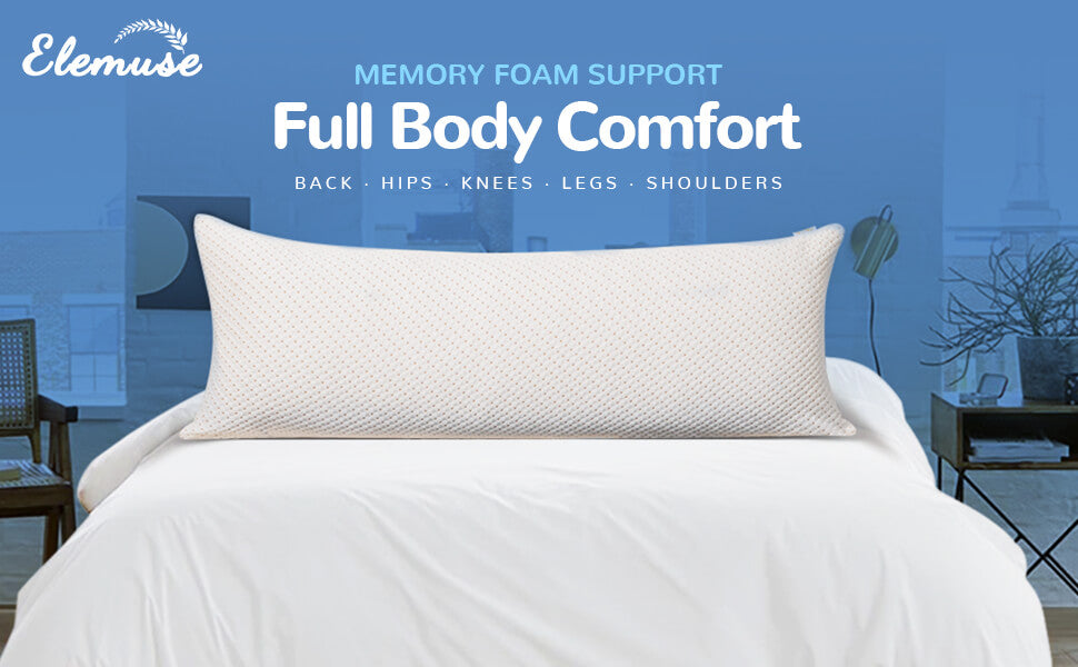 Full Body Pillow for Adults - Shredded Memory Foam & Zippered Cooling Bamboo Cover - Long Pillow for Sleeping - Bed Pillows for Side Sleeper