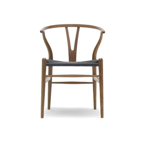 walnut stain wishbone chair with black cord seat