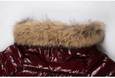 this picrture is taking a close look at gorgeous real fur on the hood of the down jacket with thumb holes