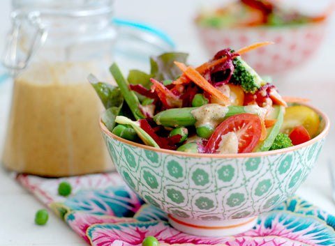 Blanched Broccoli, Snap Pea and Pea Salad with Creamy Almond Dressing