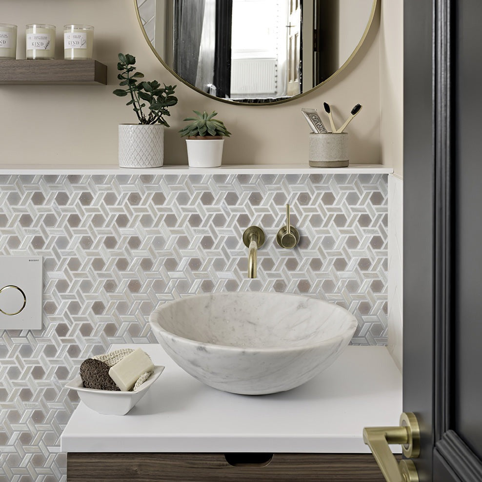 Cotton White 12x12 Glossy Hexagon Glass Mosaic Tile (10 pack, 9.67 sq ft/case)
