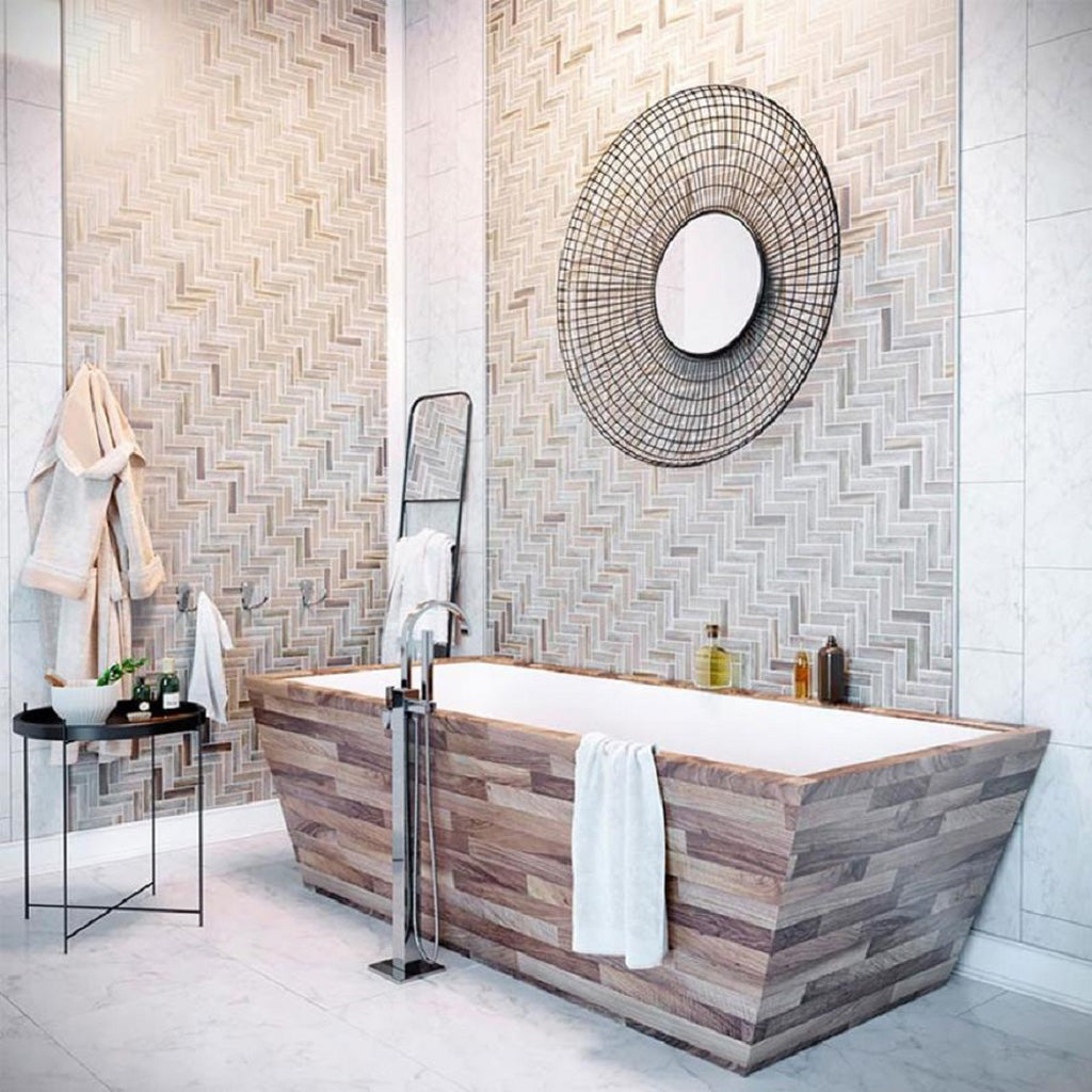 Beige 11x13 Matte Herringbone Recycled Glass Mosaic Tile (10 pack, 9.625 sq ft/case) - Sample