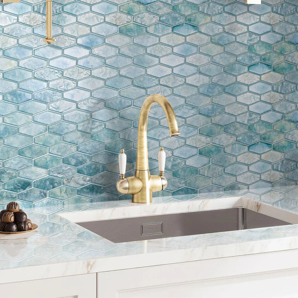 Aqua 11x12 Matte Elongated Hexagon Glass Mosaic Tile (10 pack, 8.6 sq ft/case) - Sample