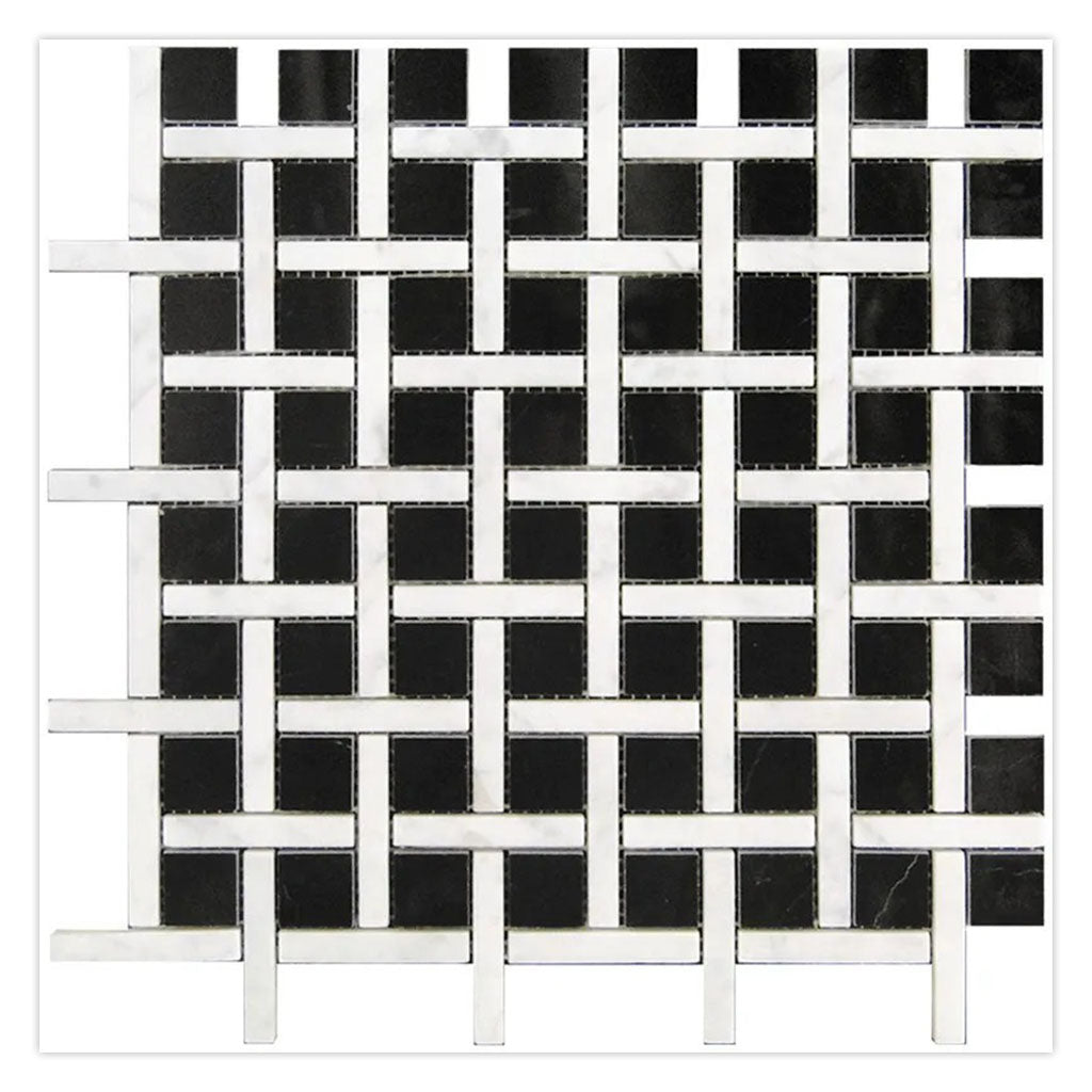 Eastern Black White 12x12 Polished Basketweave Marble Mosaic Tile (5 pack, 5 sq ft/case)