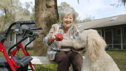 elderly woman dog with a ball