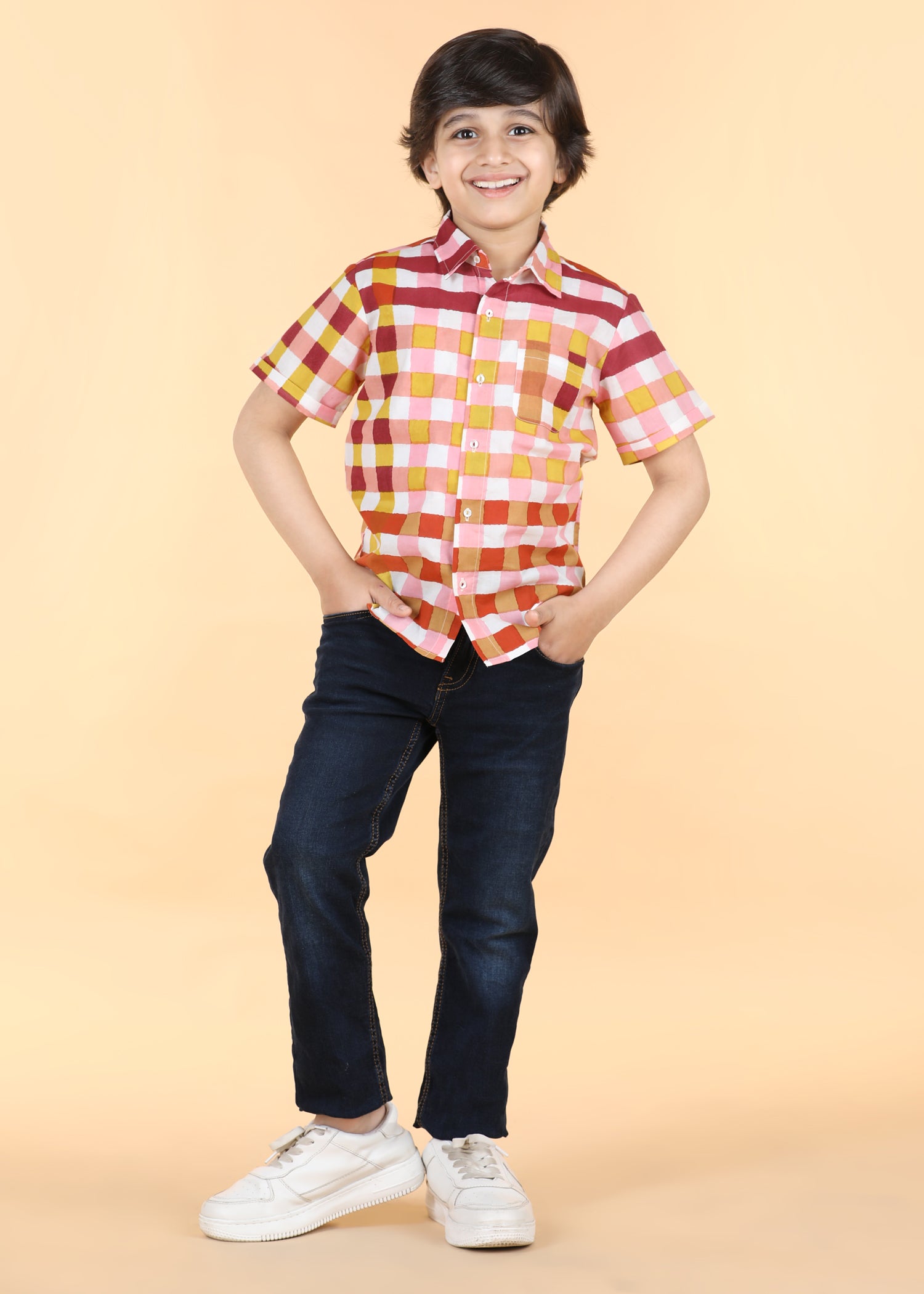 Gingham Mocha Cotton Half Sleeve Round Hem Shirt Boys (6 Months -12 Yrs)