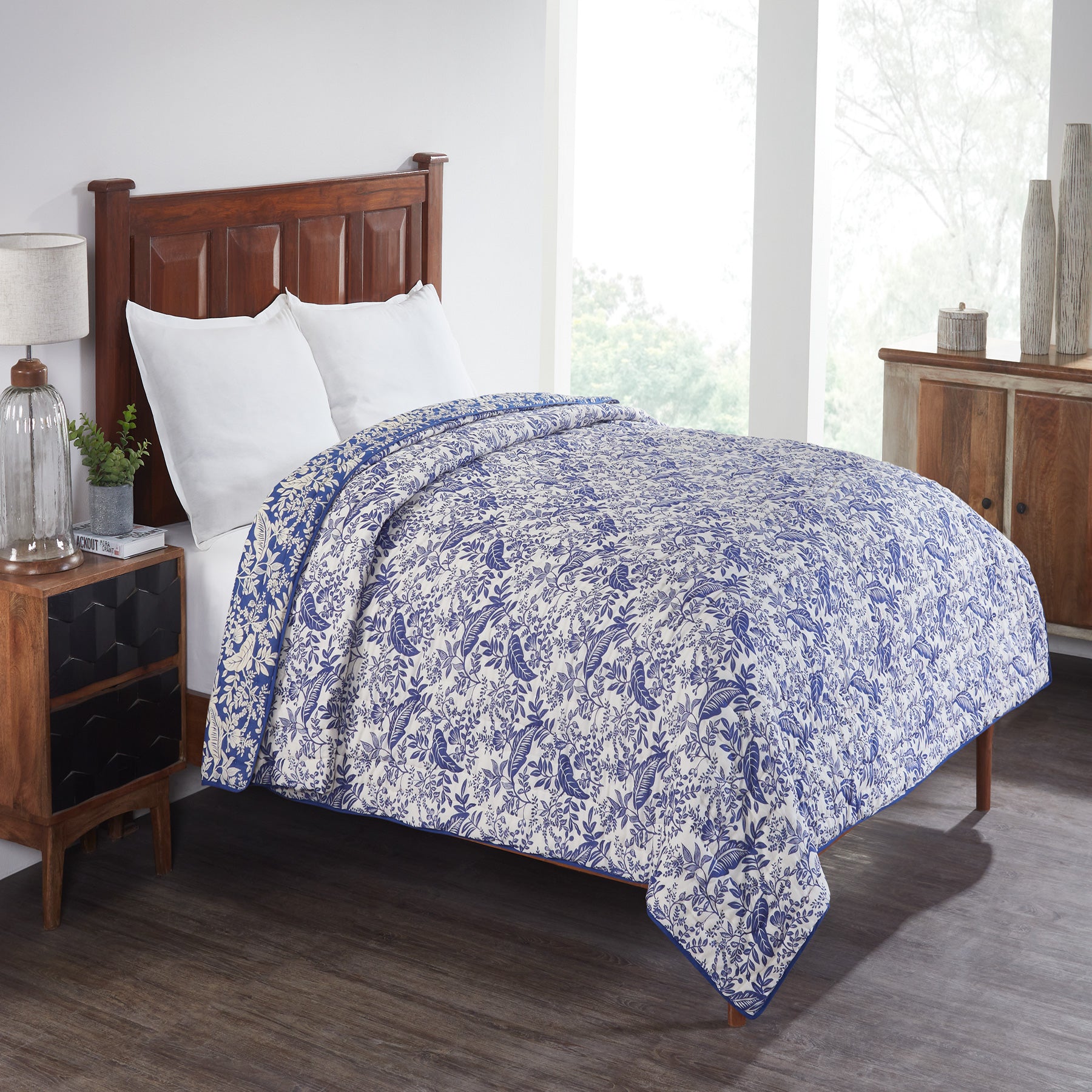 Havana Blue Hand Screen Print Cotton AC Quilt