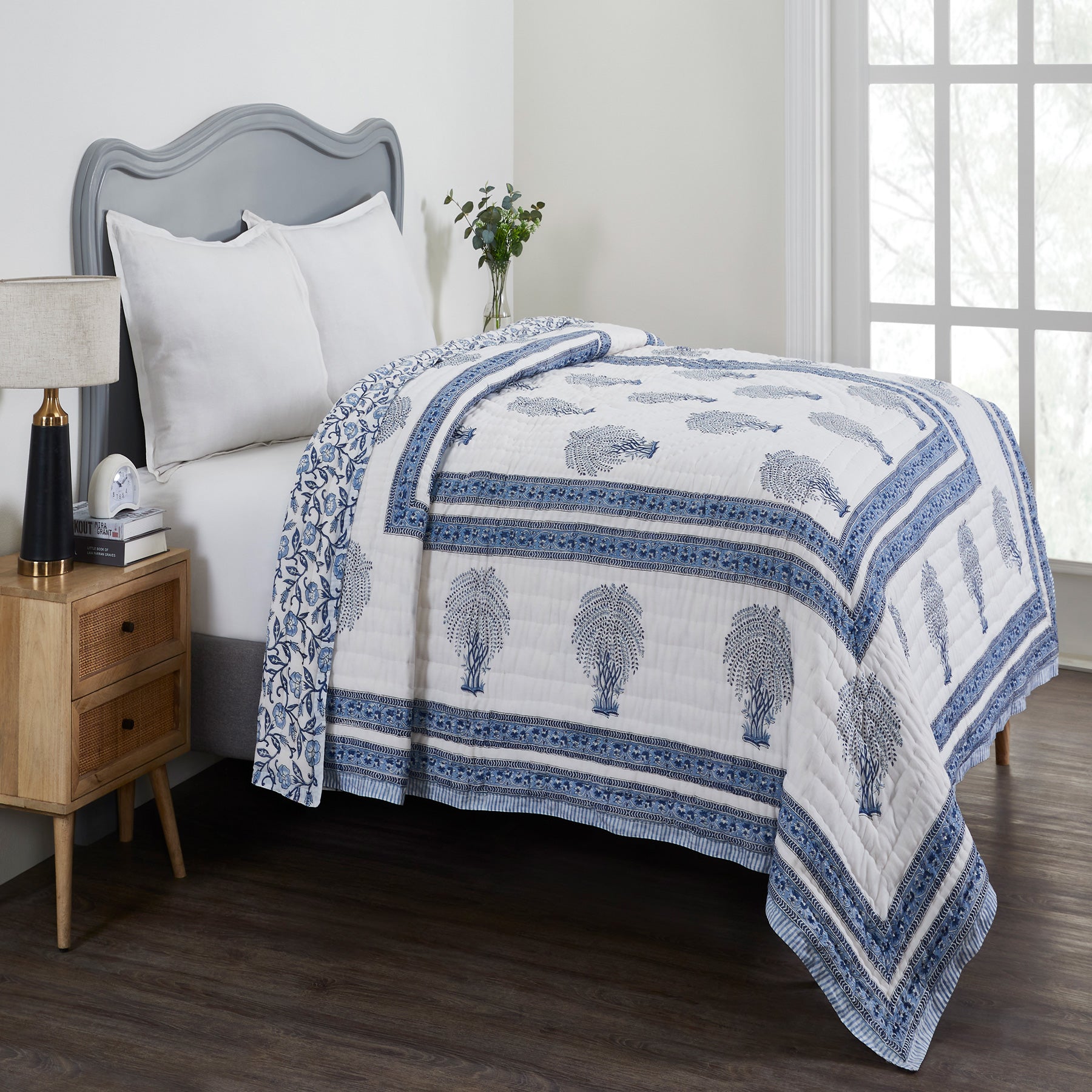 Palm Blue Color Hand Block Printed Extra Cotton Quilt