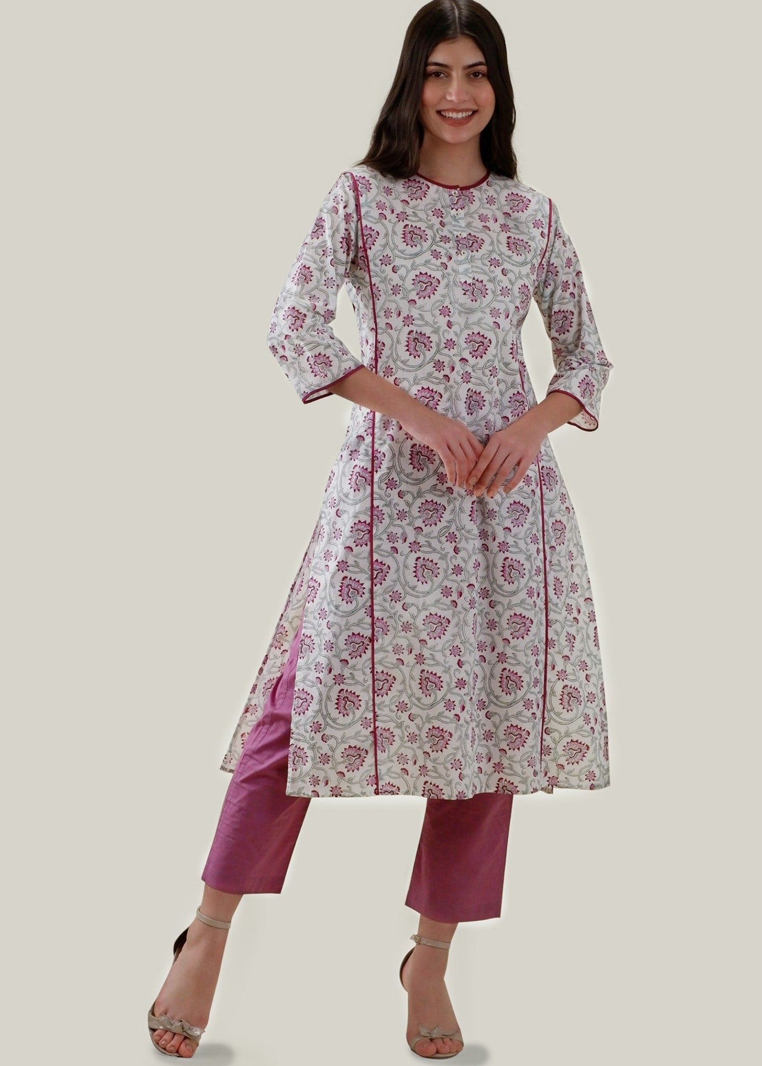 White & Pink Regular Cotton Chikankari Kurta