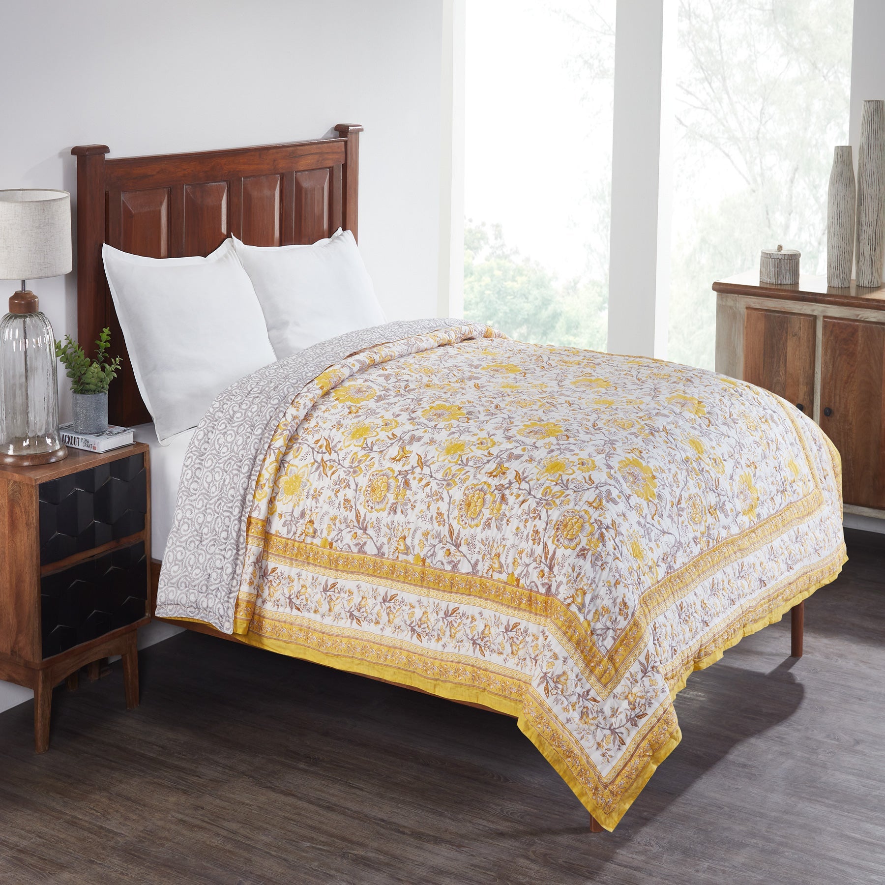 Chintz Garden Yellow Hand Screen Print Lightweight Cotton Quilt