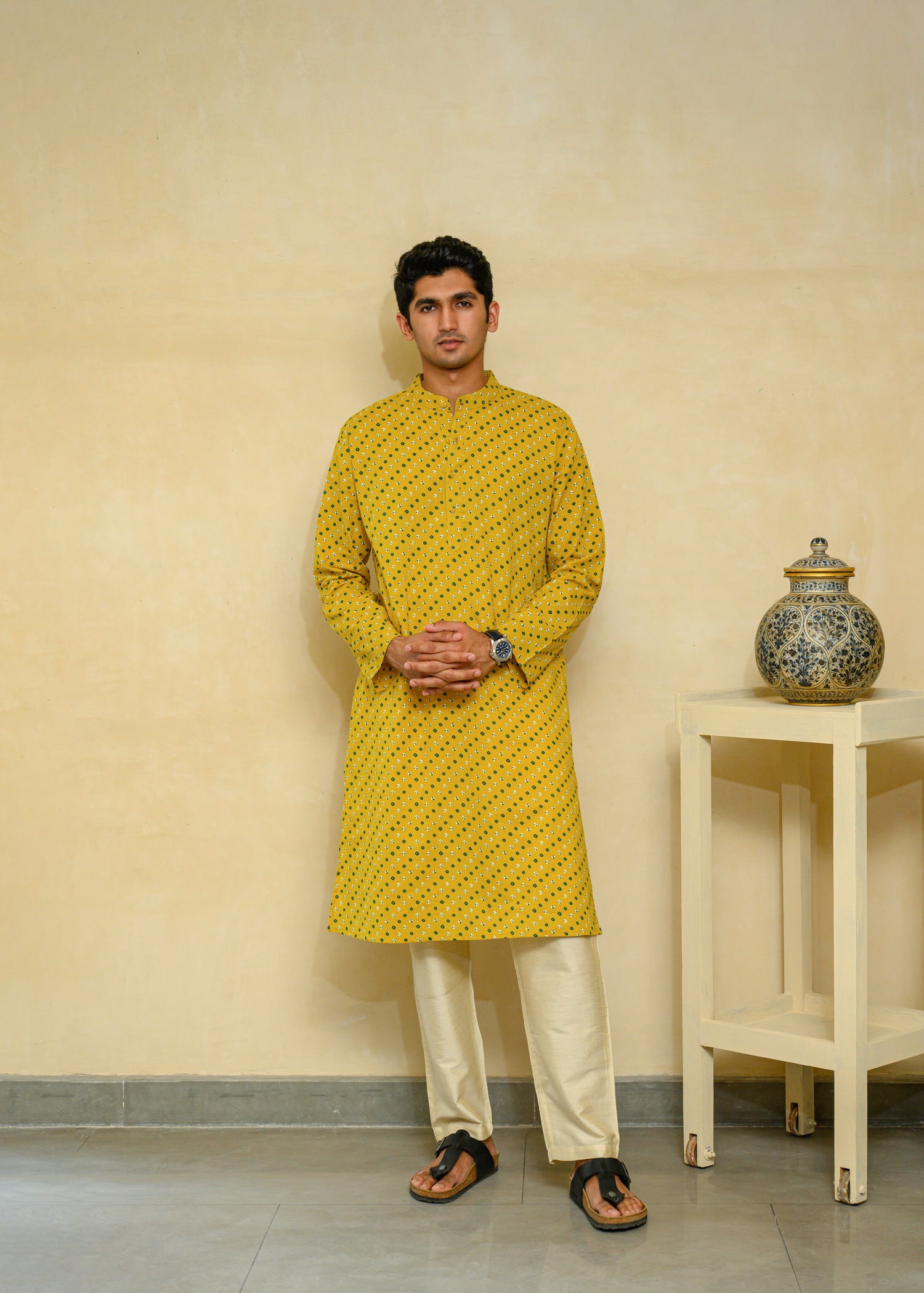 Yellow Regular Cotton Men's Long Kurta