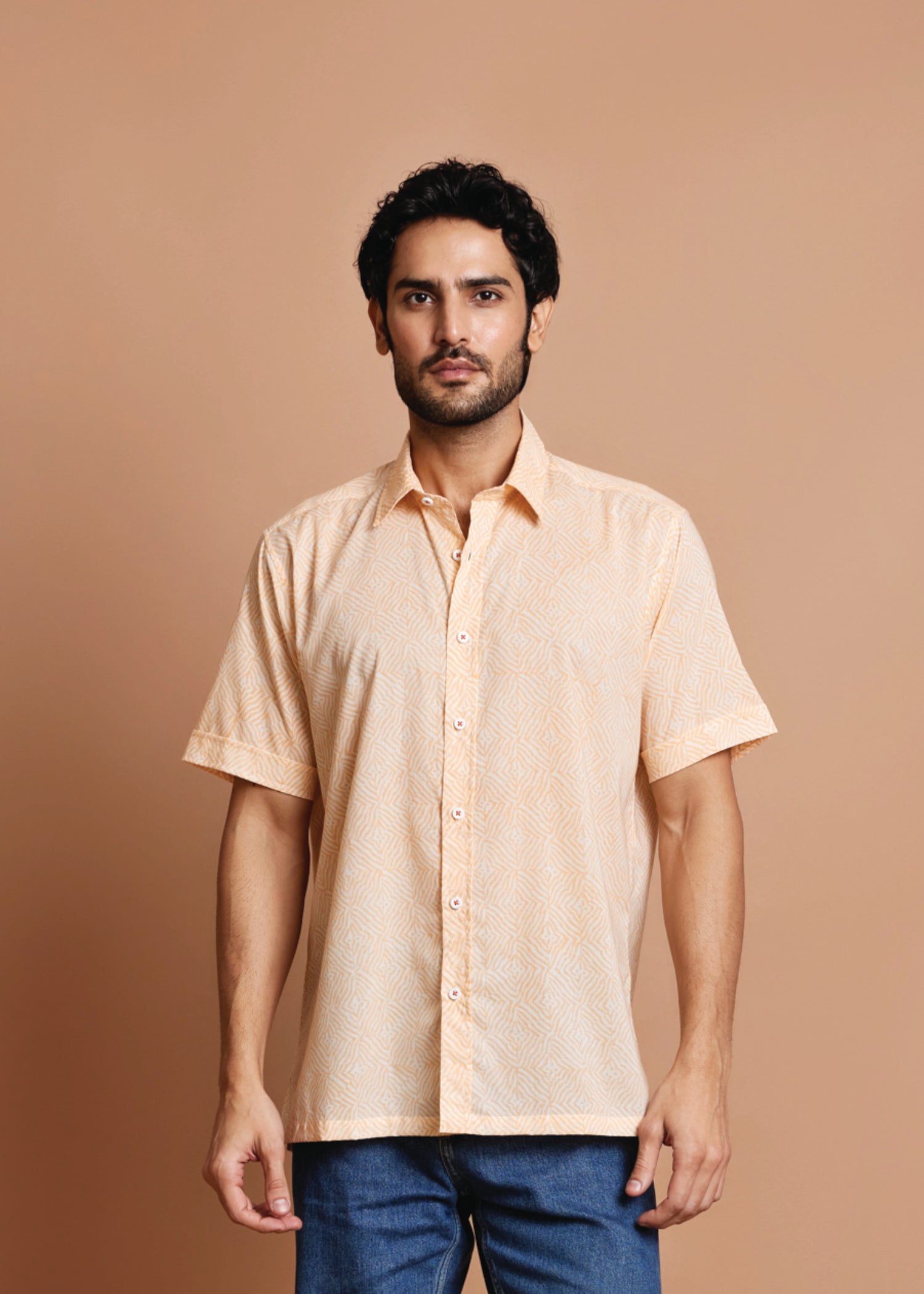 Crème & Orange Regular Cotton Half Sleeve Shirt