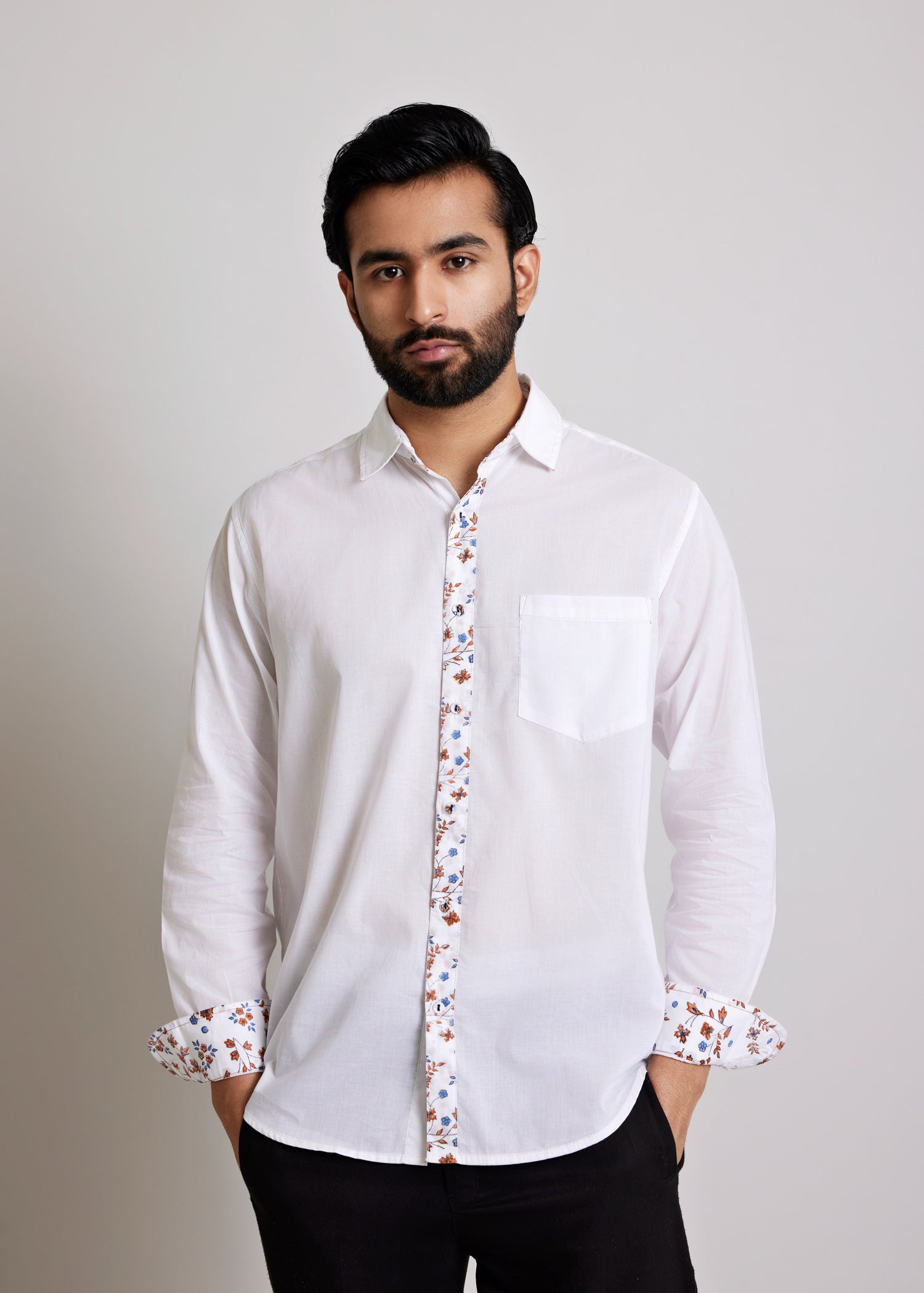 White Regular Cotton Miniature Ditsy Floral Full Sleeve Shirt