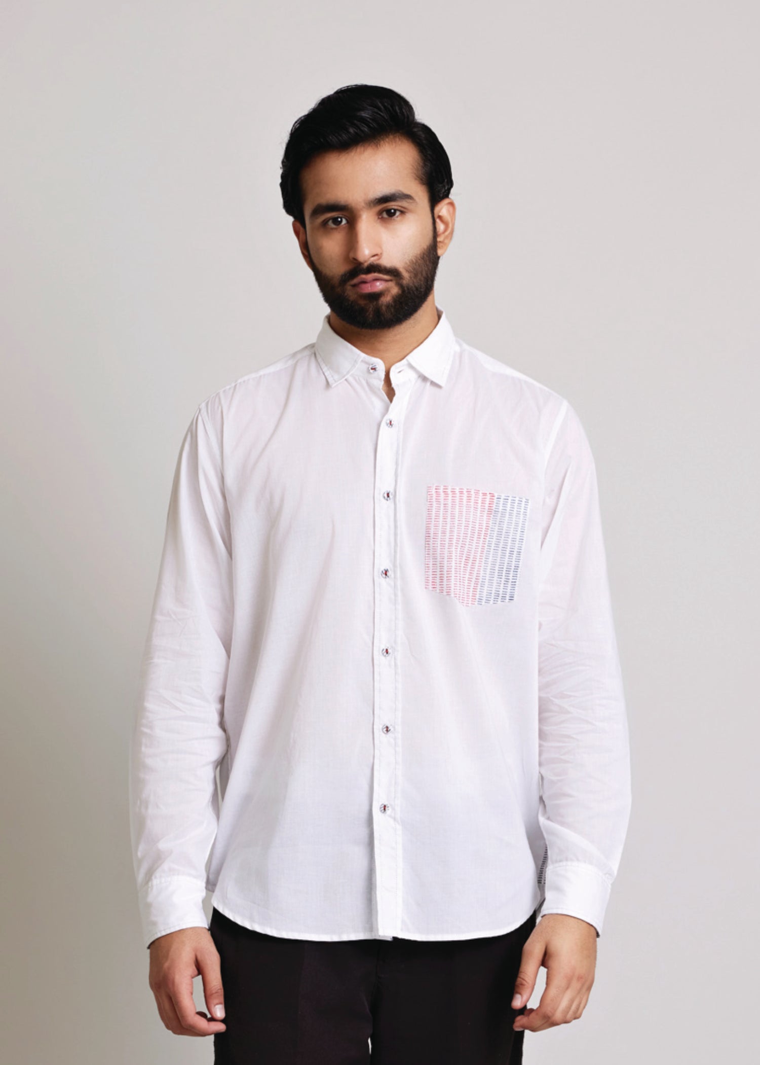 White Regular Cotton Dual Colour Dashes Full Sleeve Shirt