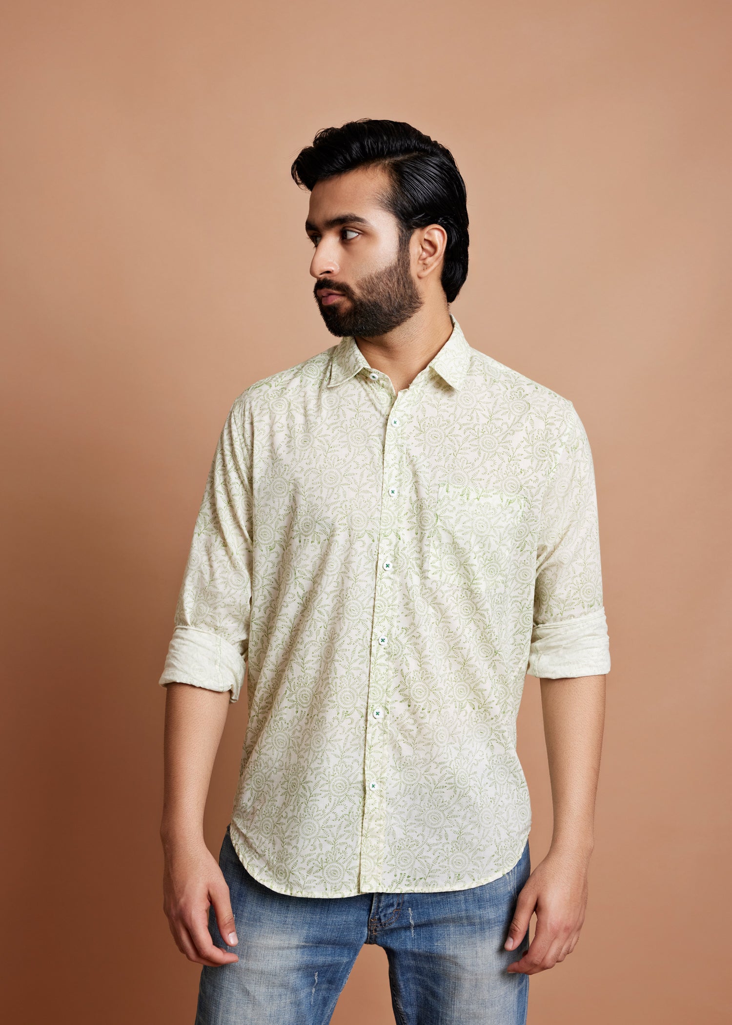 Crème Green Regular Cotton Full Sleeve Shirt