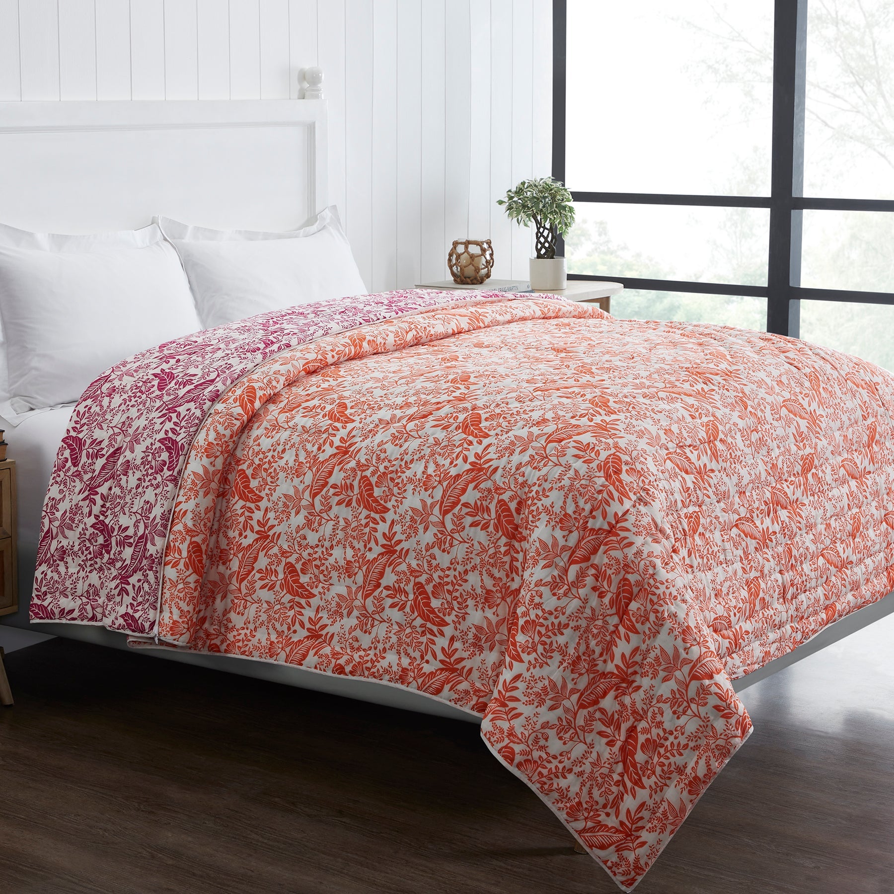 Leaf Orange & Pink Hand Screen Print Extra Cotton Quilt