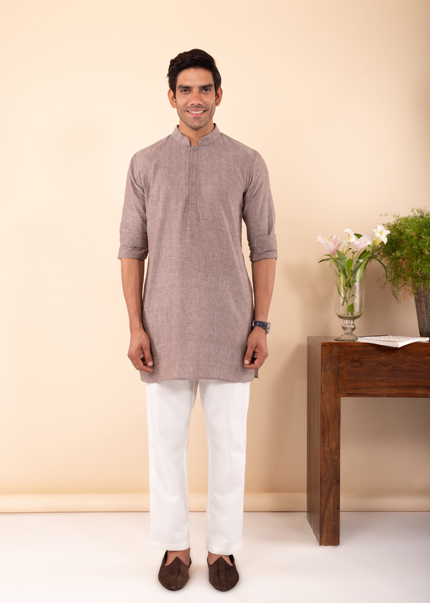 Dark Beige Cotton Men's Short Kurta