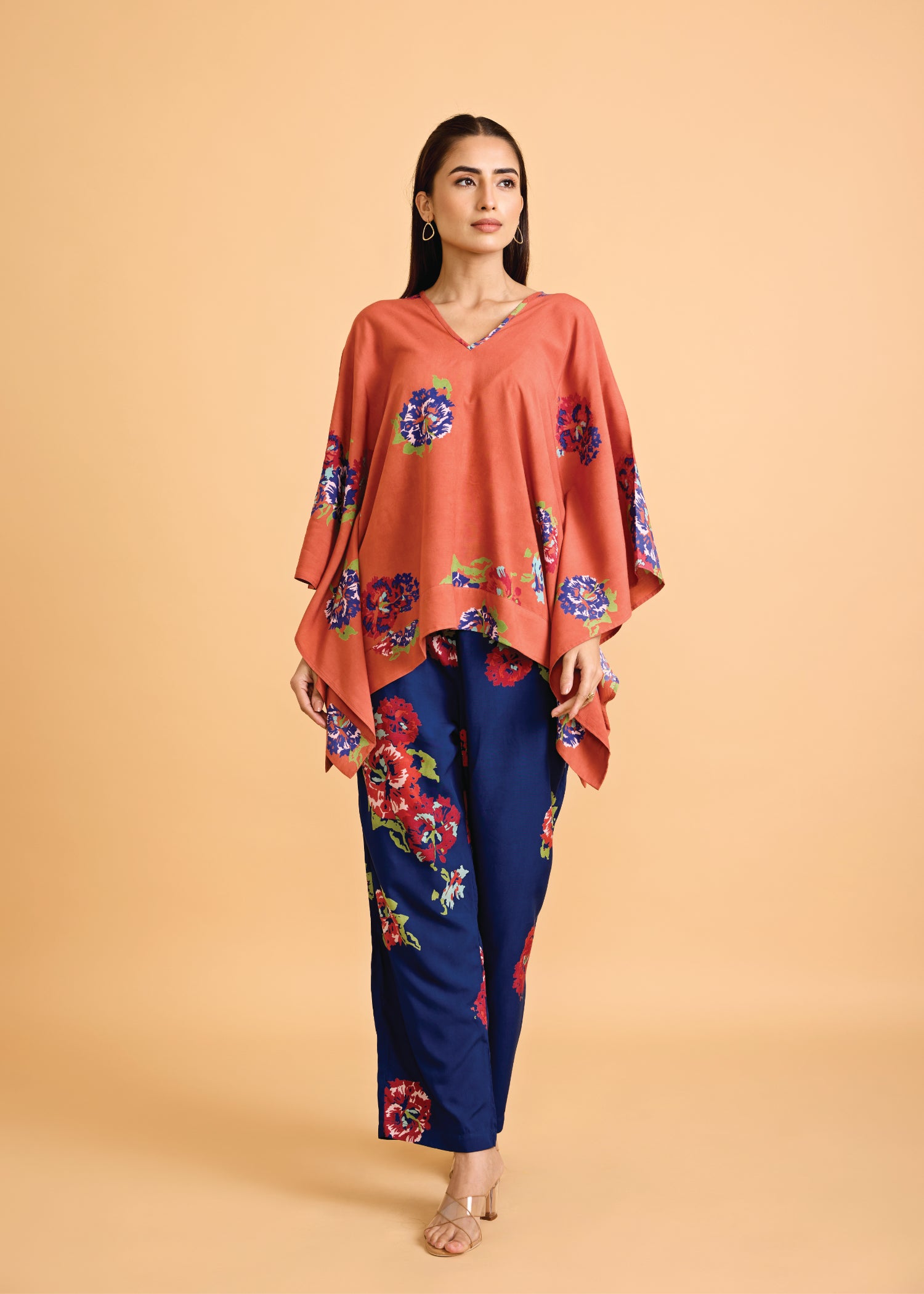 Dark Peach & Blue Loose Viscose V-Neck Kaftan Set