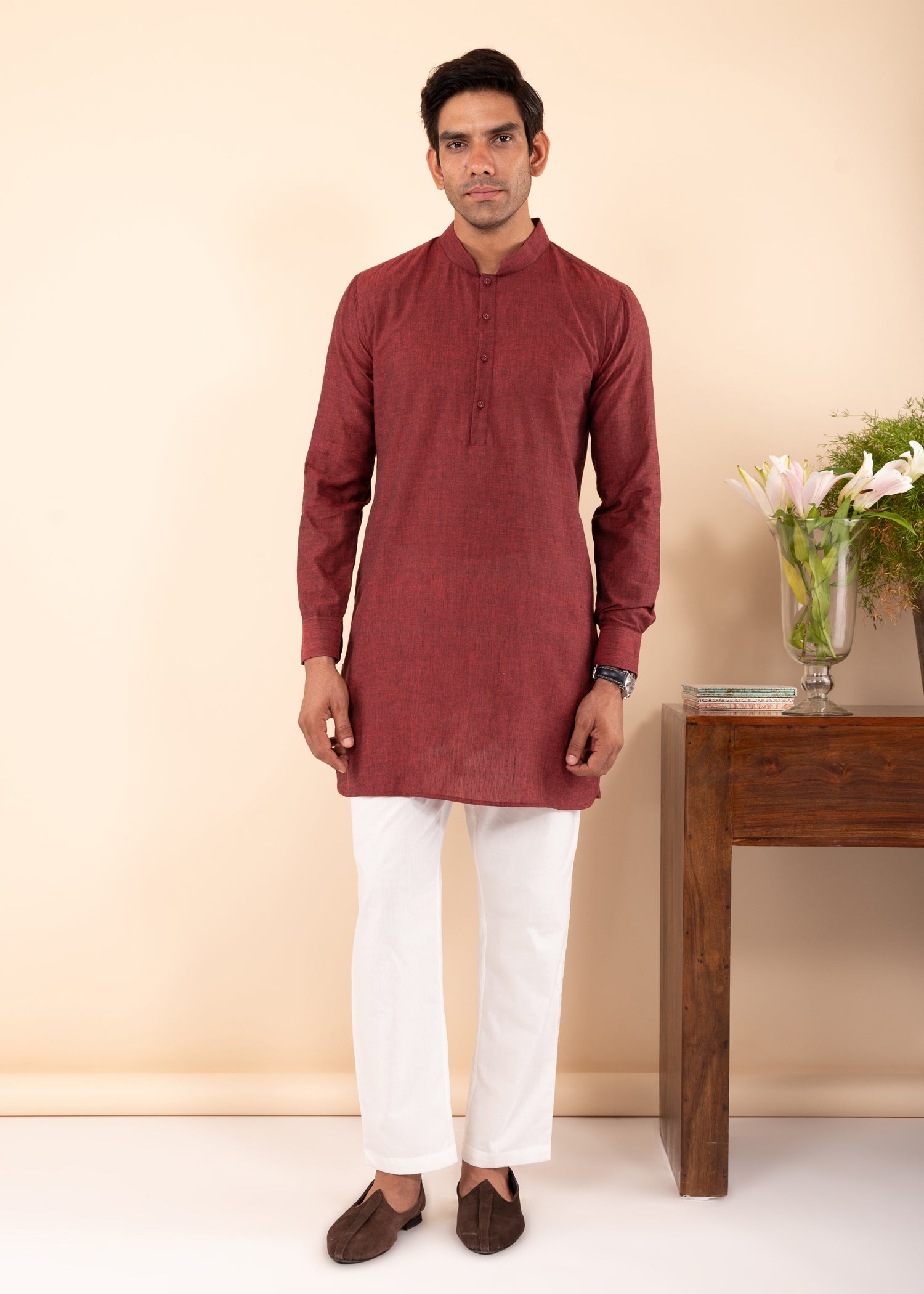 Rust Red Cotton Men's Short Kurta