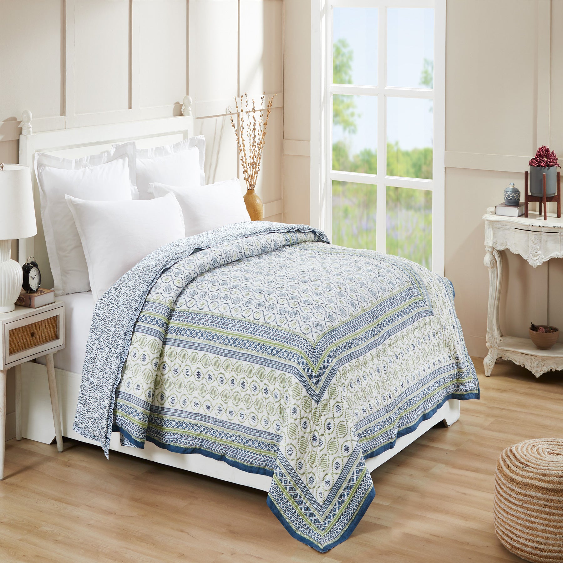 Ogee Blue & Green Color Hand Block Print Extra Cotton Filling Quilt (40th Edition)
