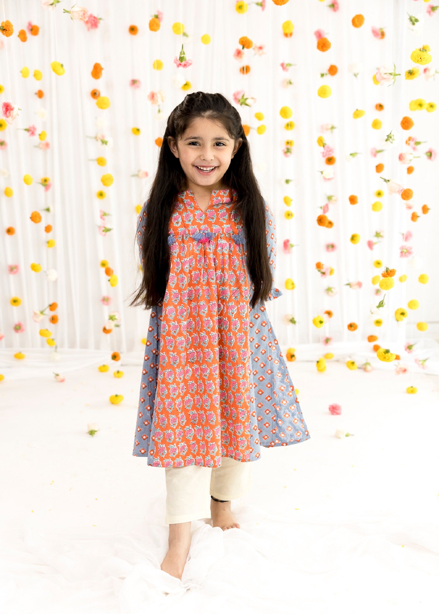 Orange/Blue Cotton Vanya Kurta Girls