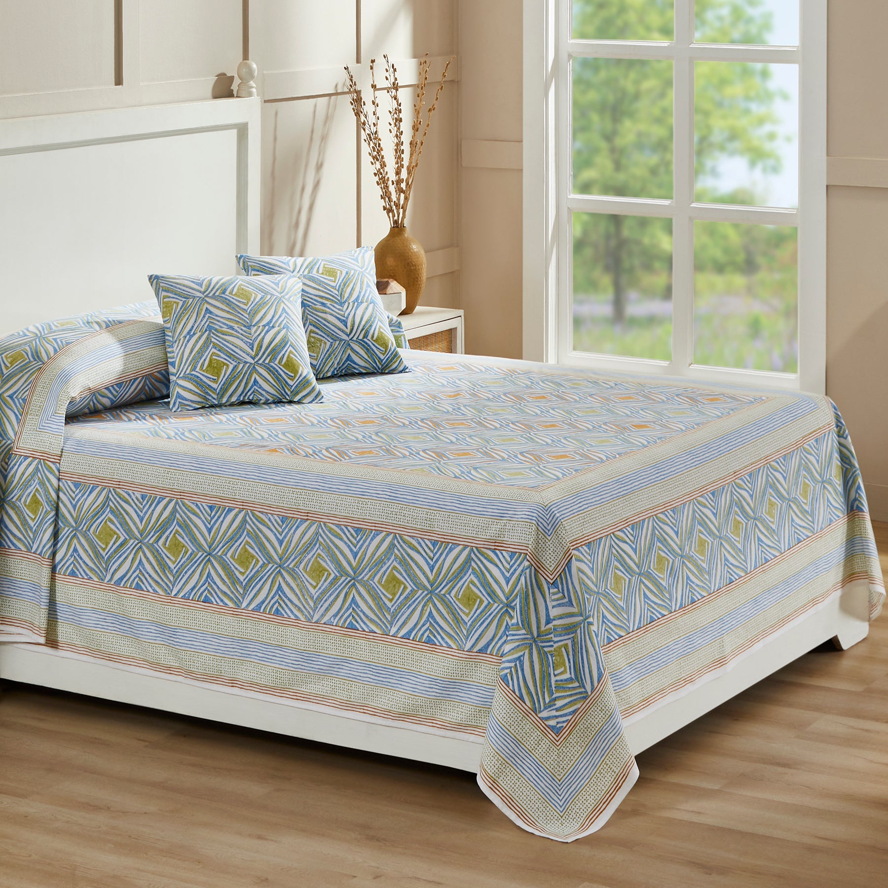 Monochromatic Mustard & Blue Hand Block Printed Cotton Bedcover