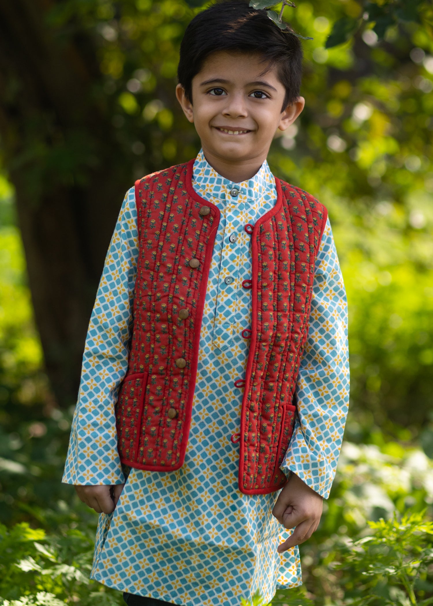 Kanak/Bhoomi Mustard & Red 100% Cotton Reversible Bundi Jacket Unisex (0-12 Years)