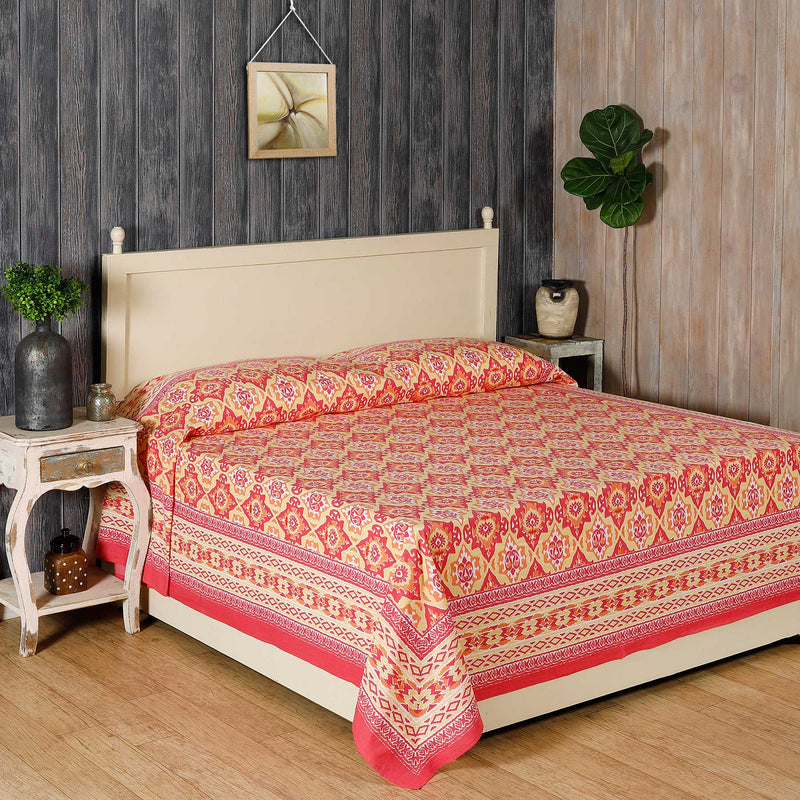 Indo Ikat Yellow / Pink Screen Printed Cotton Bed Cover