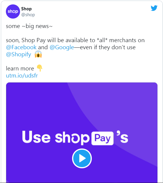 Shop Pay向Facebook、Google平台商家开放的推特新闻截图