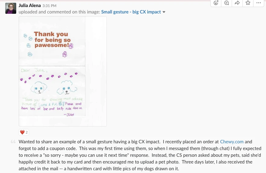 slack截图关于Julia Alena 联系 Chewy 的顾客支持时收到了狗狗的手绘照片