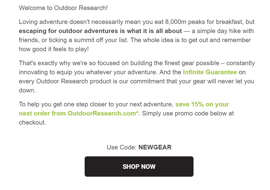 Outdoor Research 的邮件向顾客提供了折扣码
