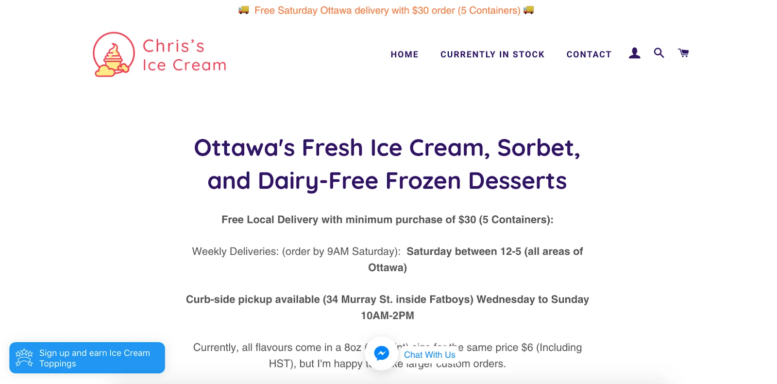 本地零售商 Chris's Ice Cream 设置了提供免费本地交付服务的最小订单价值。
