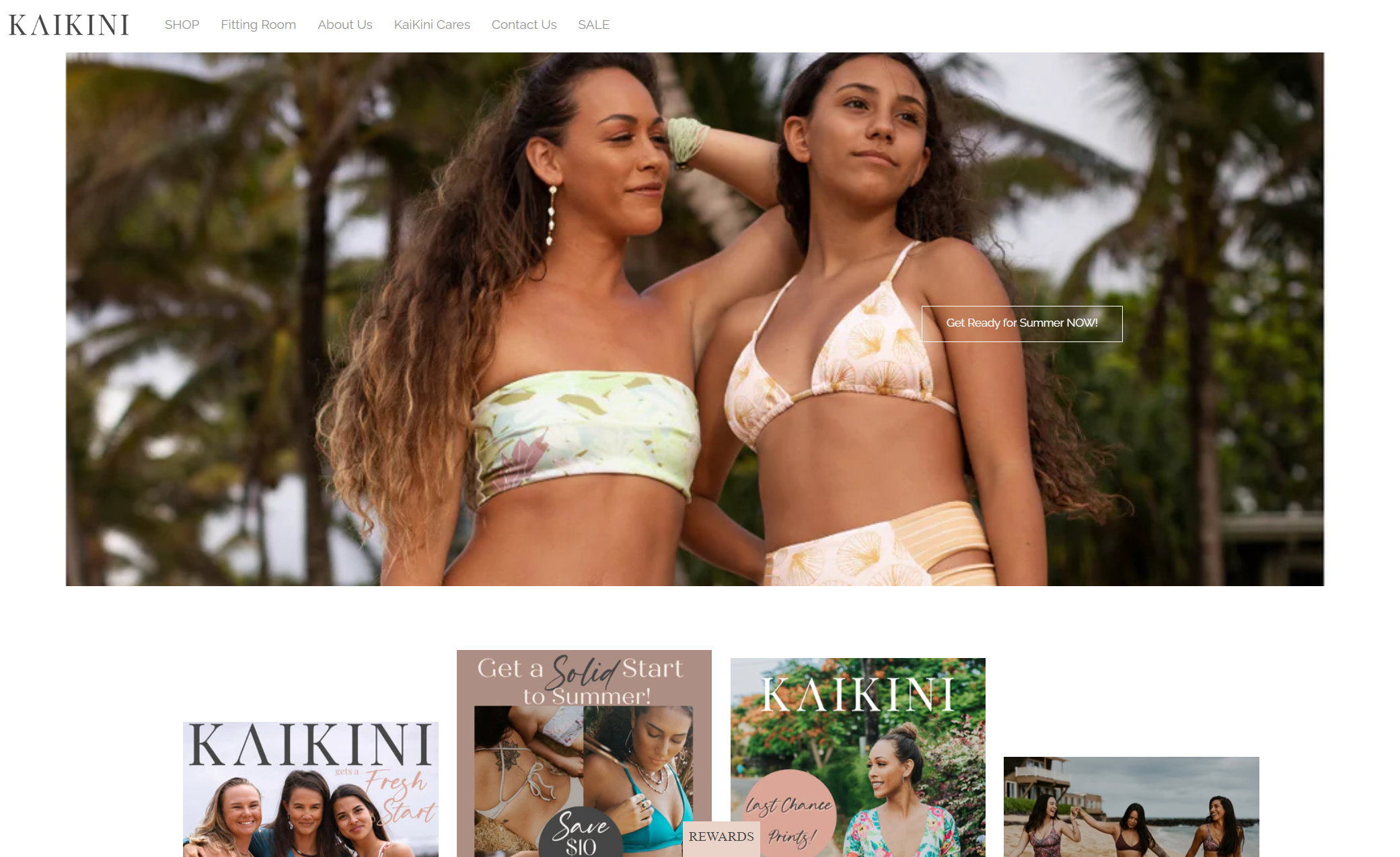 KaiKini网站页面，两个女模特身着比基尼泳装