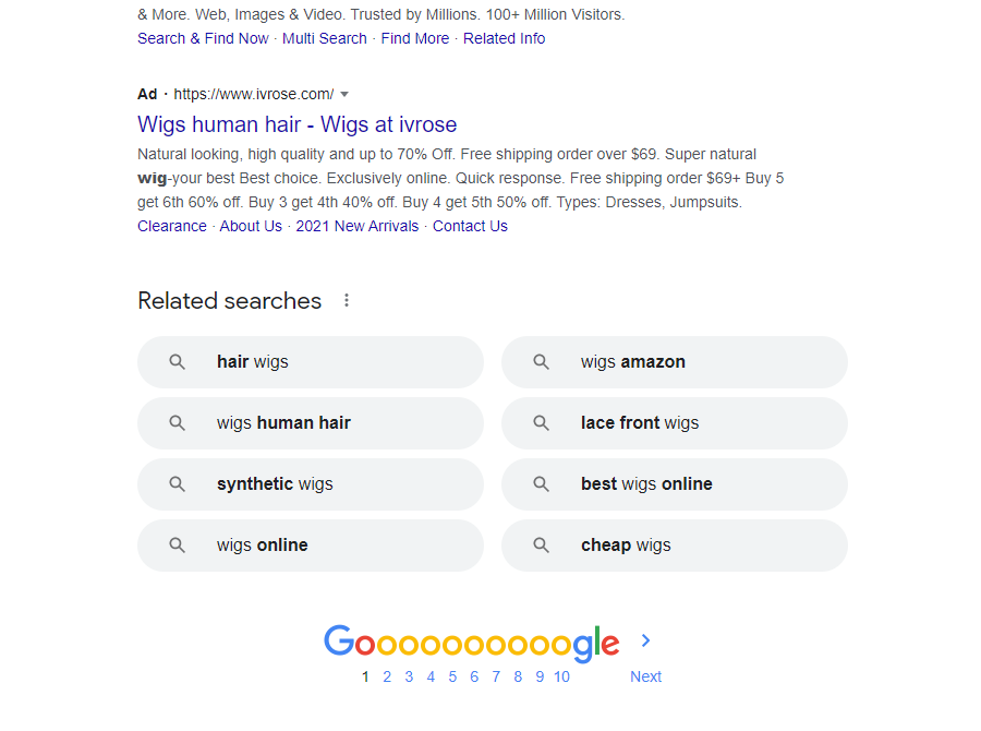 Find long-tailed keywords of Wigs on Google