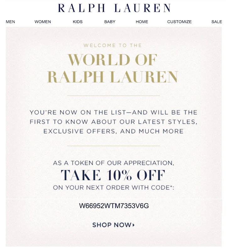 Ralph Lauren 在欢迎邮件中提供特别优惠