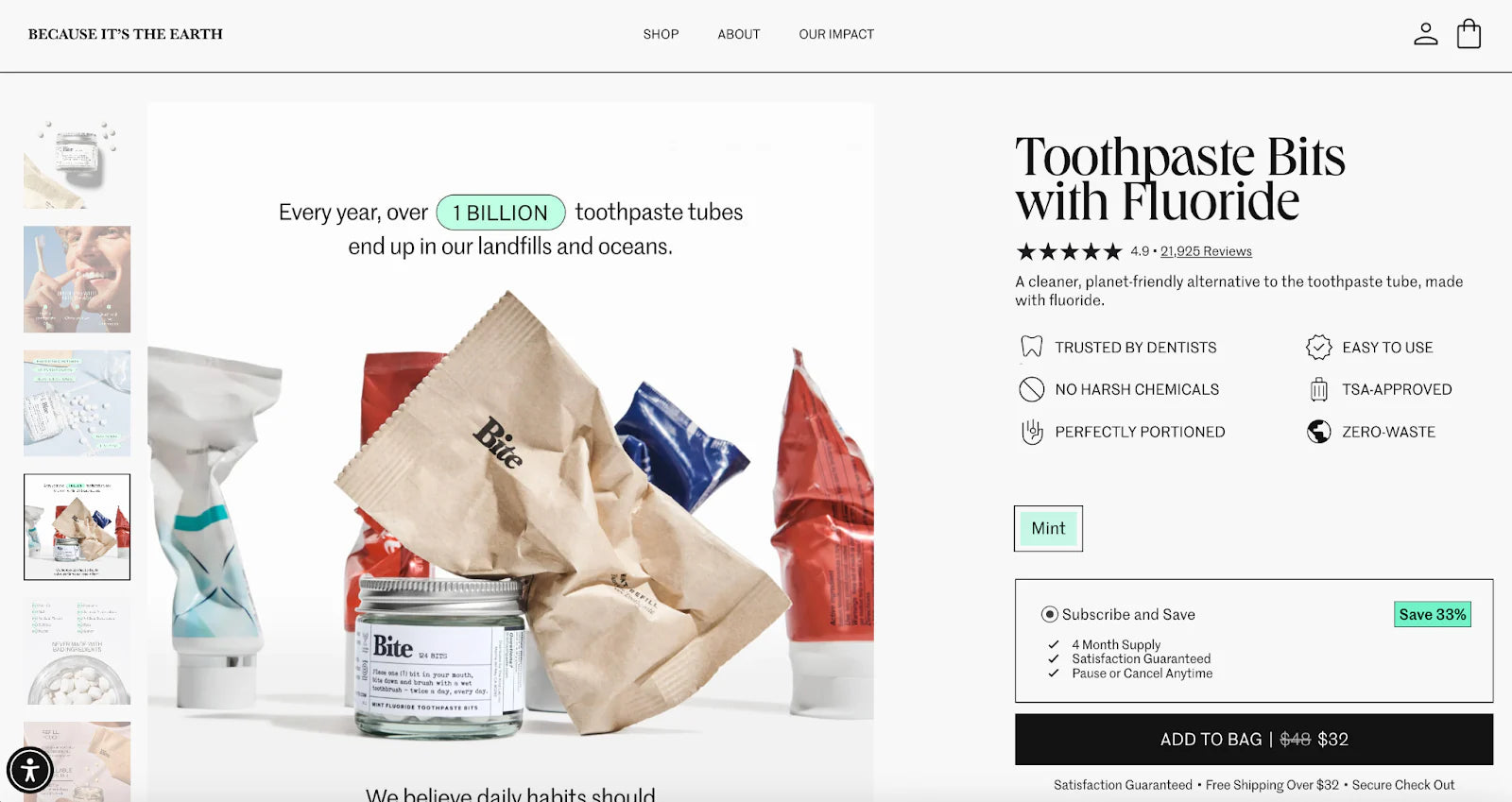 Bite牙膏产品的产品页面。