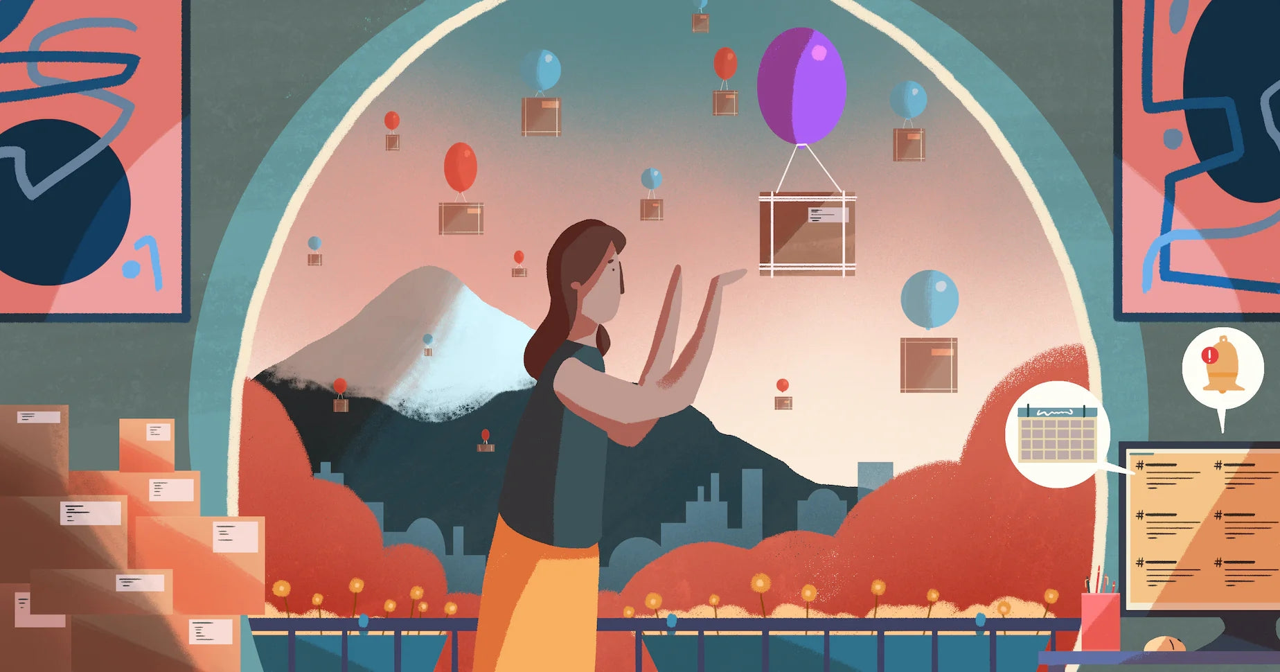 一个女人双臂伸向天空，天空中漂浮着拴着纸箱的气球，象征跨境电商发货