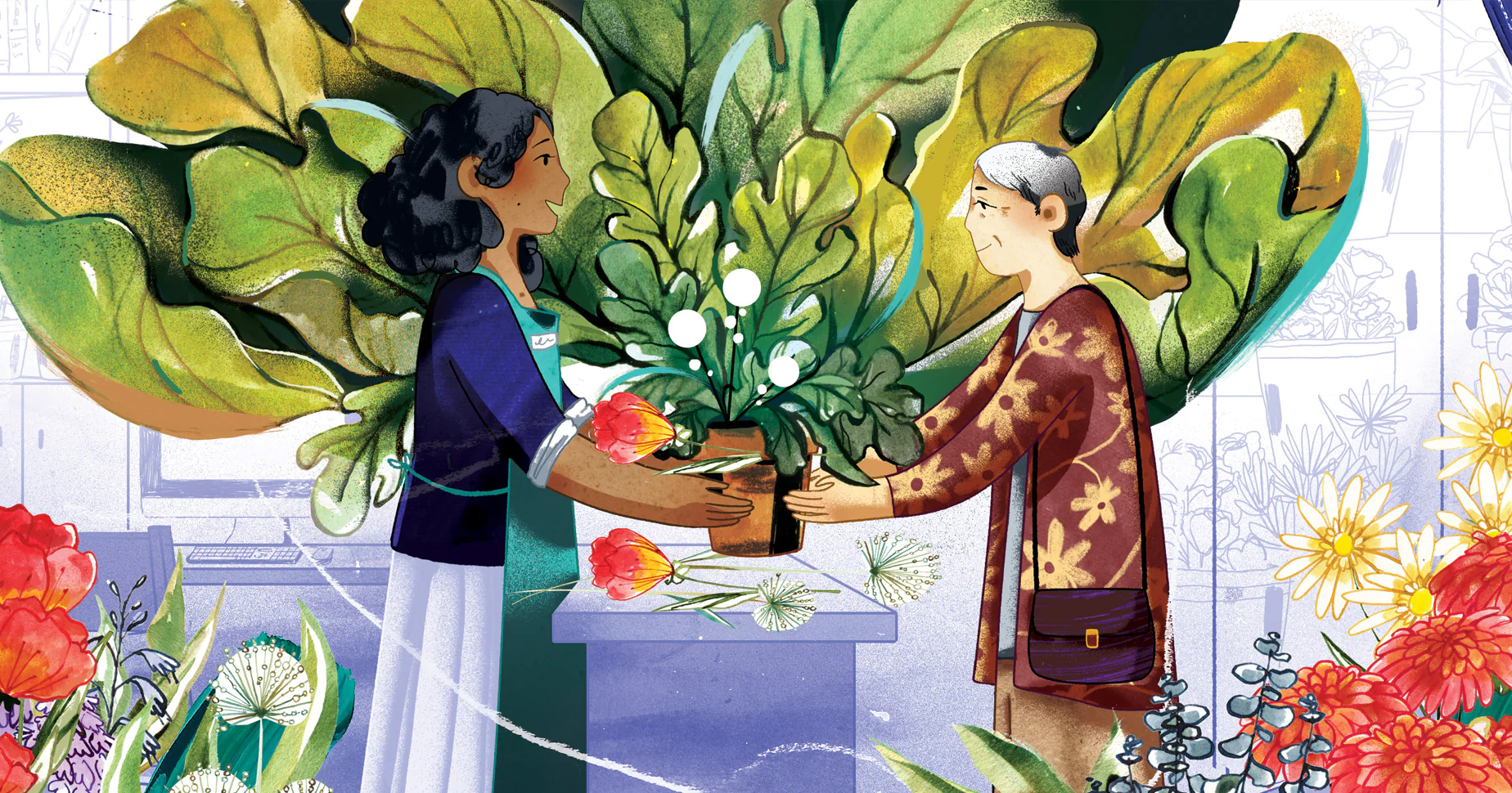 花店里，一位女营业员把植物递给一位年长的女士