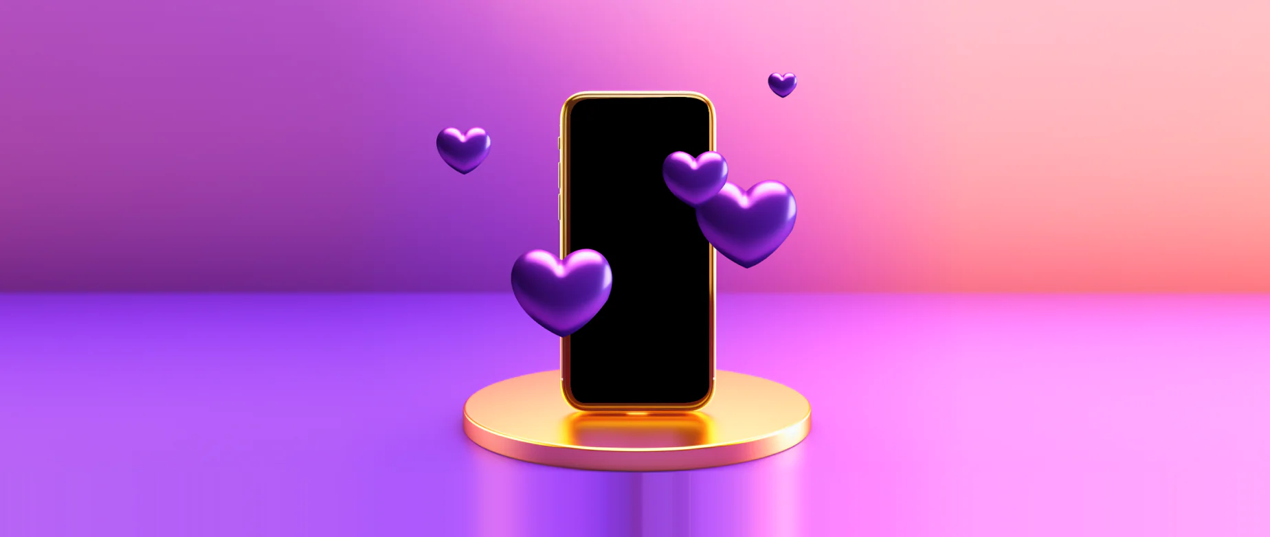 几颗紫色的心围绕着一台智能手机