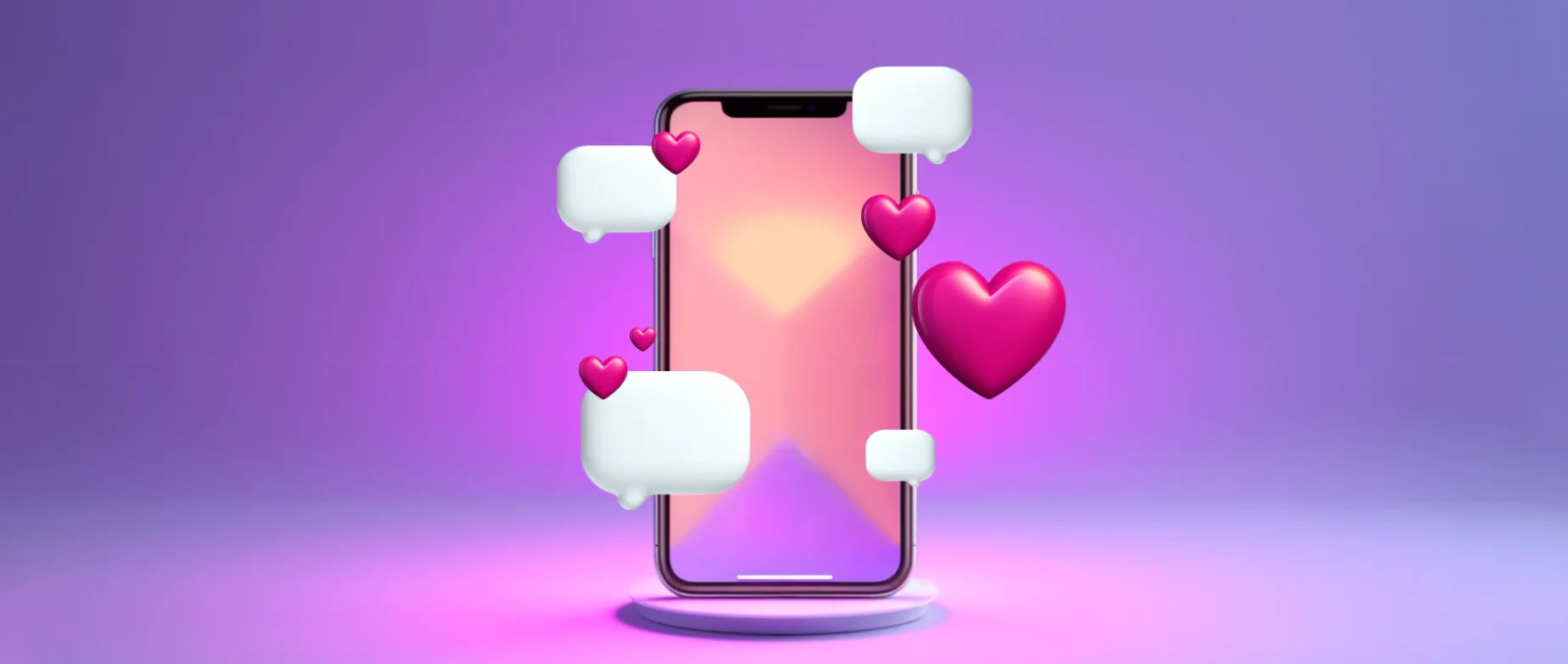 一台智能手机，有红心和对话框围绕周围