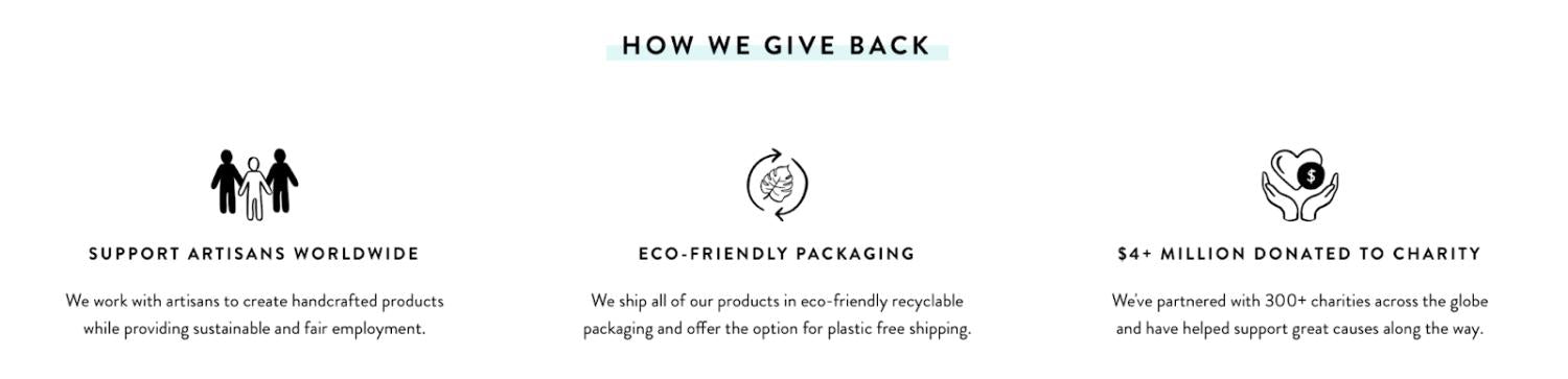 Pura Vida Bracelets价值主张页面截图。