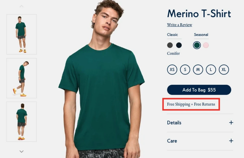 退货政策示例，一个男模特身穿绿色T恤