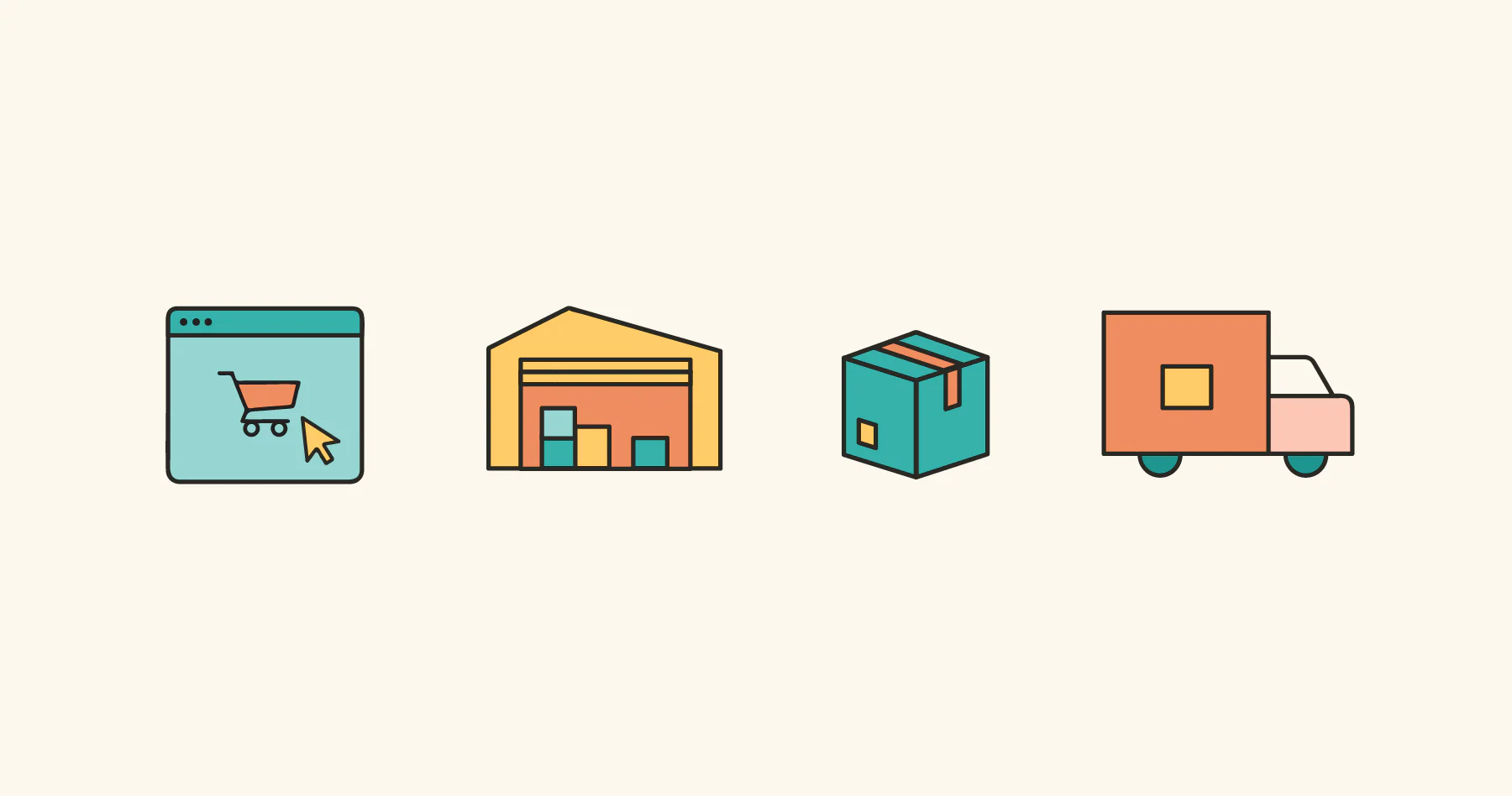 网购的一些图标：购物车、运货车、包装箱、住宅