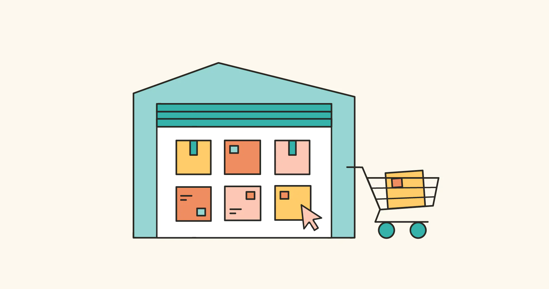 网络购物的图标，一个购物车停在一栋房子旁边，里面是货物箱子，上面有鼠标箭头