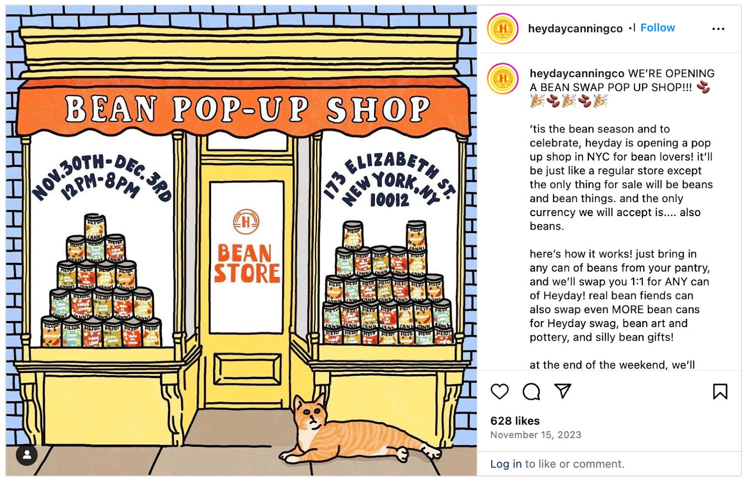 一条Instagram帖子宣传Heyday的豆子快闪店,配有可爱的店面插图。