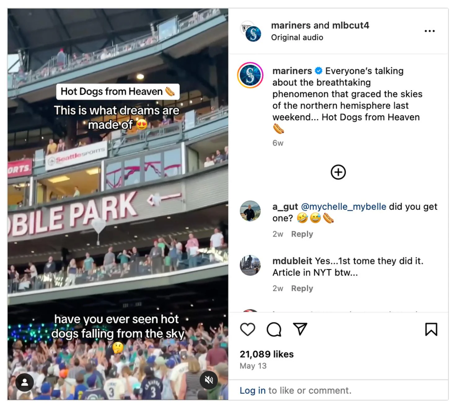 一段Instagram视频展示热狗通过降落伞降落到T-Mobile公园体育场。