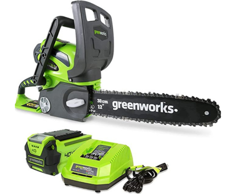 Greenworks 12-inch 40V mini cordless chainsaw.