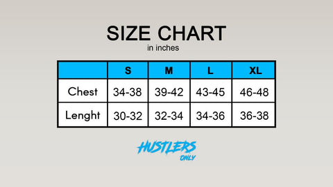size chart for Ace Dryflex tshirt hustlers only