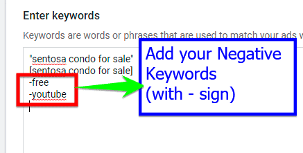 Adding negative keywords by using minus sign in a positive keyword list