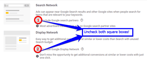 Exclude search partners in Google Search Network and exclude Google Display Network